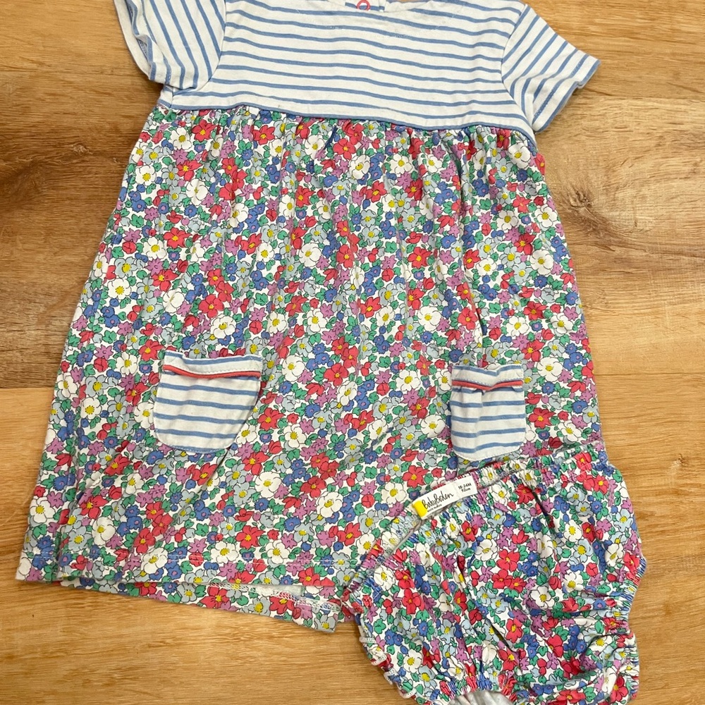 Baby Boden Blue Striped Floral Dress and Bloomer. Girls Size 24 Months. VGUC